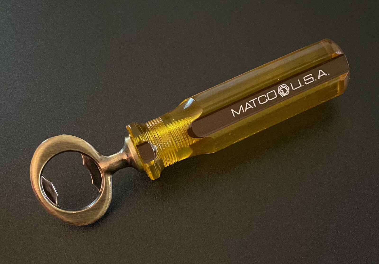 Matco Bottle Opener [ Seller’s Creation ] Bronze Opener Yellow & Brown Handle