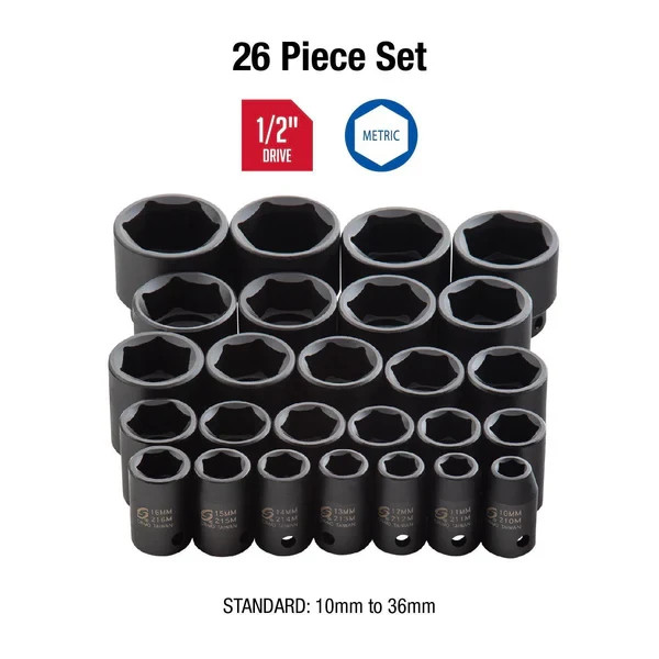 SUNEX Tools 1/2″ DRIVE METRIC 6 POINT 26-PIECE IMPACT SOCKET SET NEW READ!