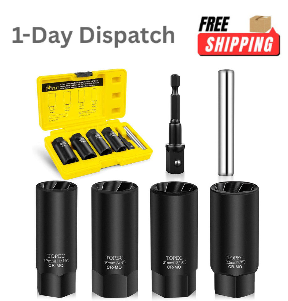 Topec 6PCS Deep Lug Nut Removal Tool 1/2 Drive Extractor Set 17-22MM for Strippe