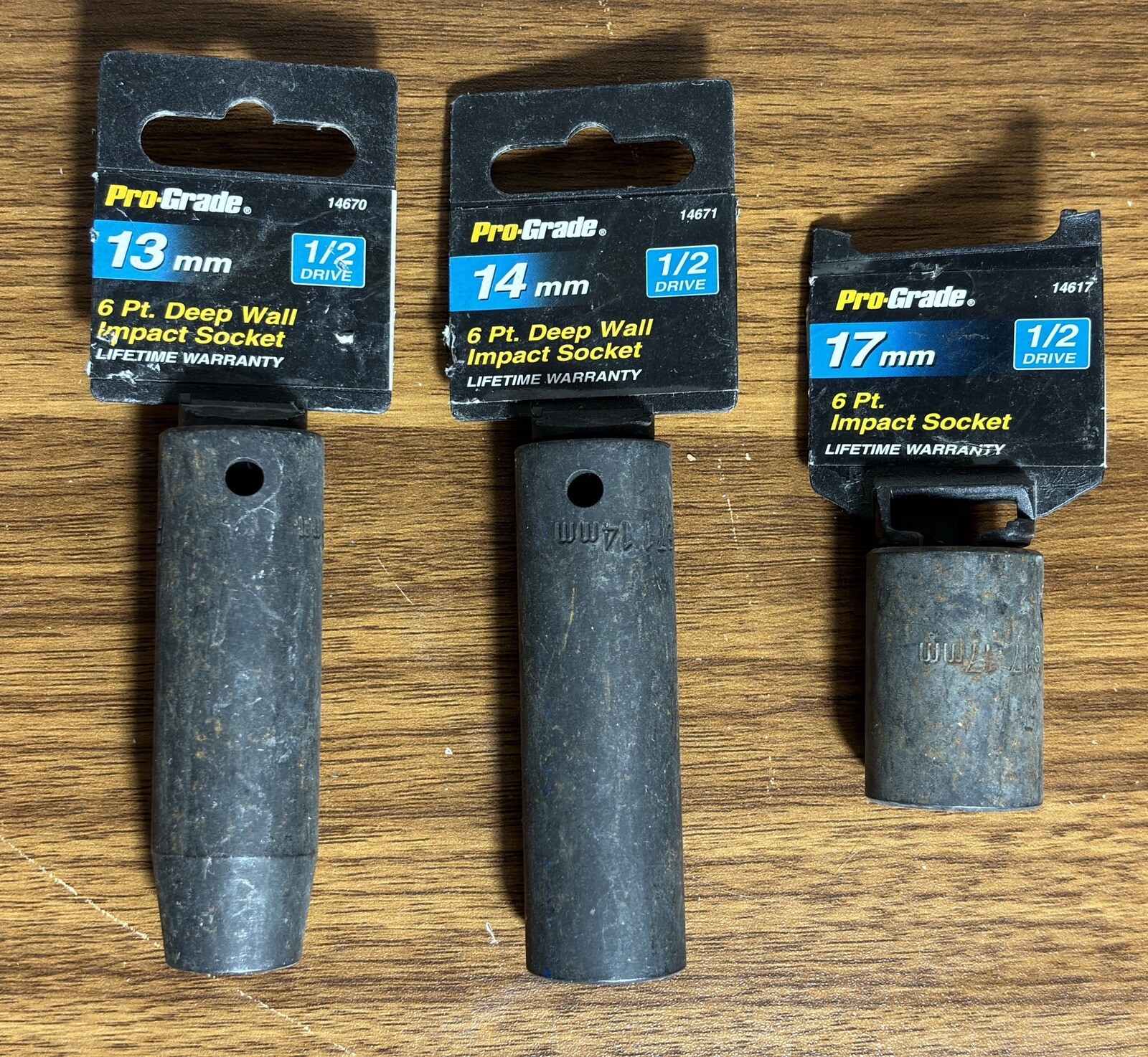3 PRO-GRADE 1/2 Drive 6 Pt. Impact Sockets: 13mm Deep, 14mm Deep & 17mm