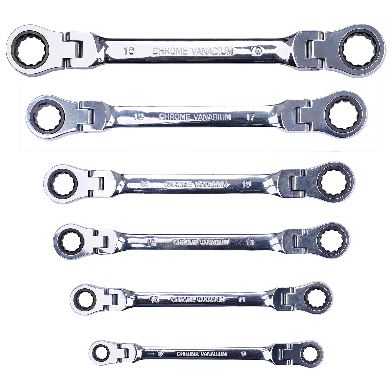 Extra Long Flex-Head Ratcheting Wrench Set Double Box End Wrench Set 6-Piece SAE
