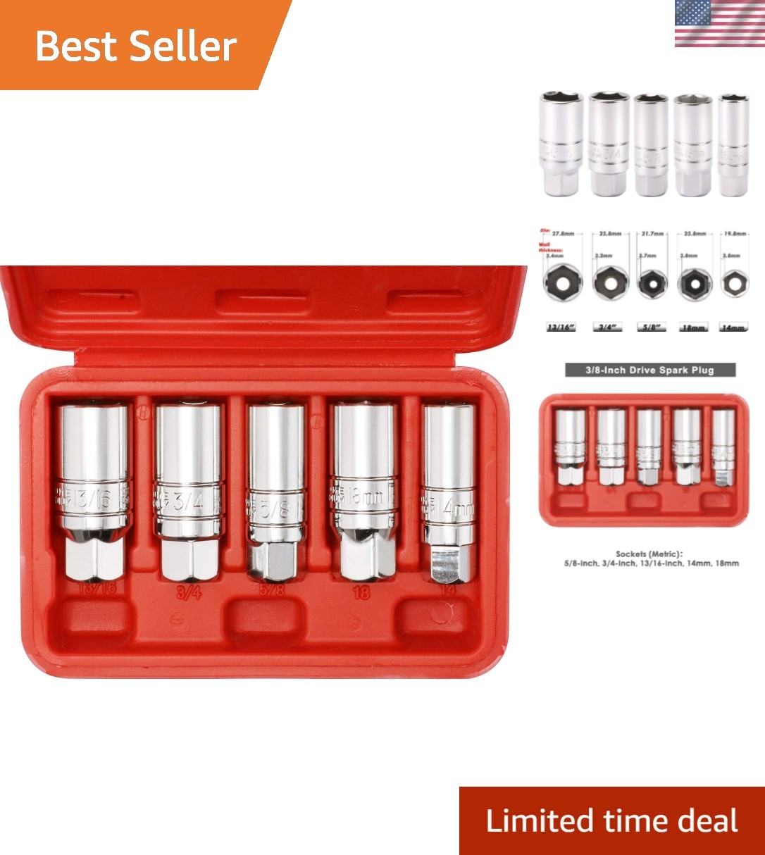 3/8-Inch Drive Spark Plug Socket Set: Chrome Vanadium, 5-Piece & Durable