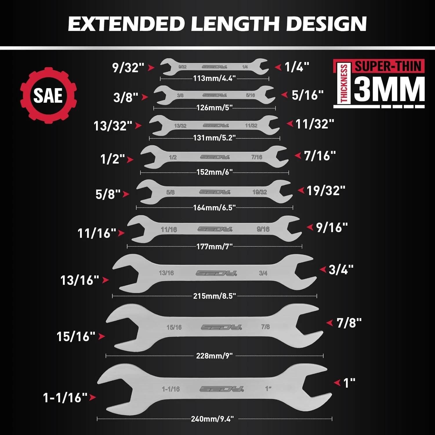 19-piece Super Thin Open-end Wrench Set, Sae 1/4"-1-1/16" & Metric