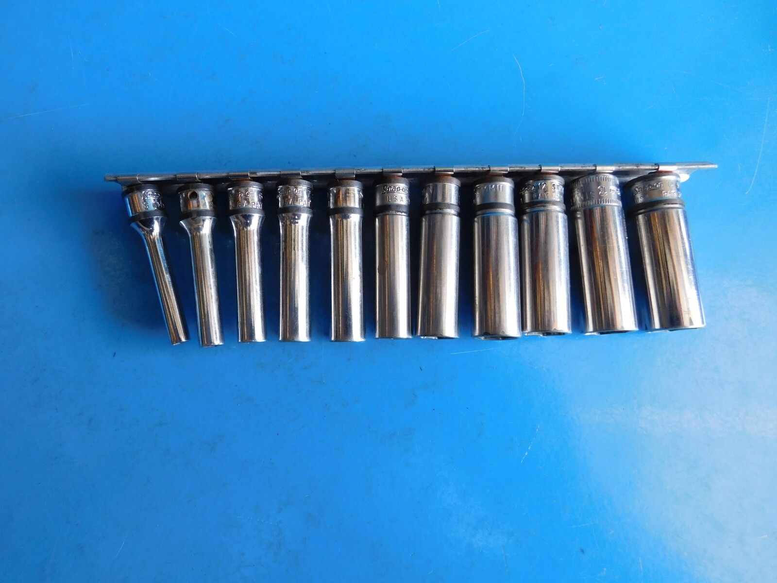 USED, SNAP ON 1/4 IN. DR. DEEP SOCKETS , 11 PC’S. 4MM THRU 14MM