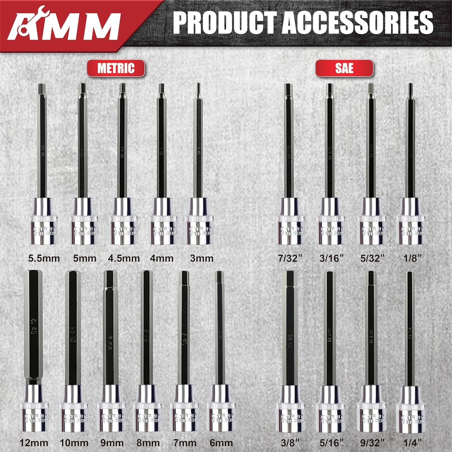 AMM 19pc 3/8″ Drive Extra-Long Allen Hex Bit Socket Set SAE & Metric S2