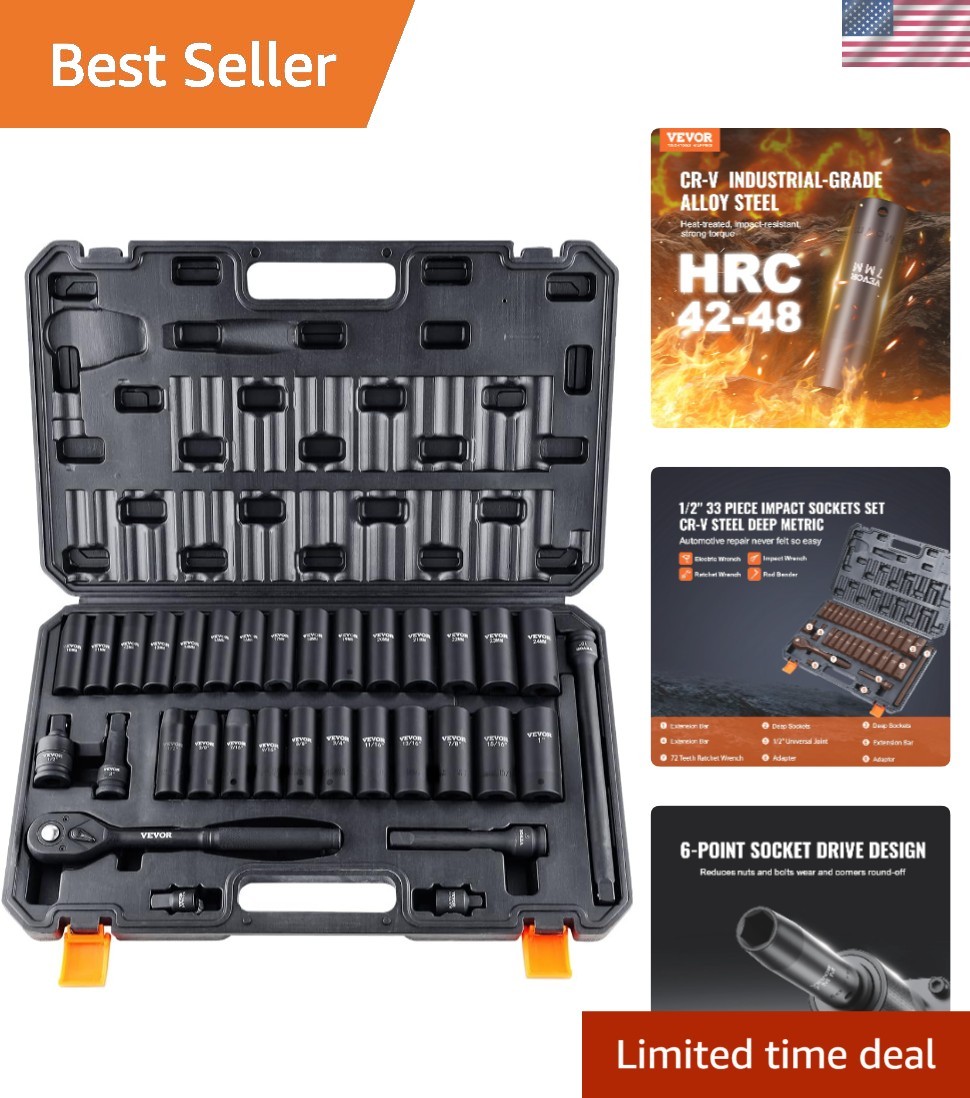 33-Piece Impact Socket Set 1/2″ Drive – CR-V Steel, Ideal for Automotive