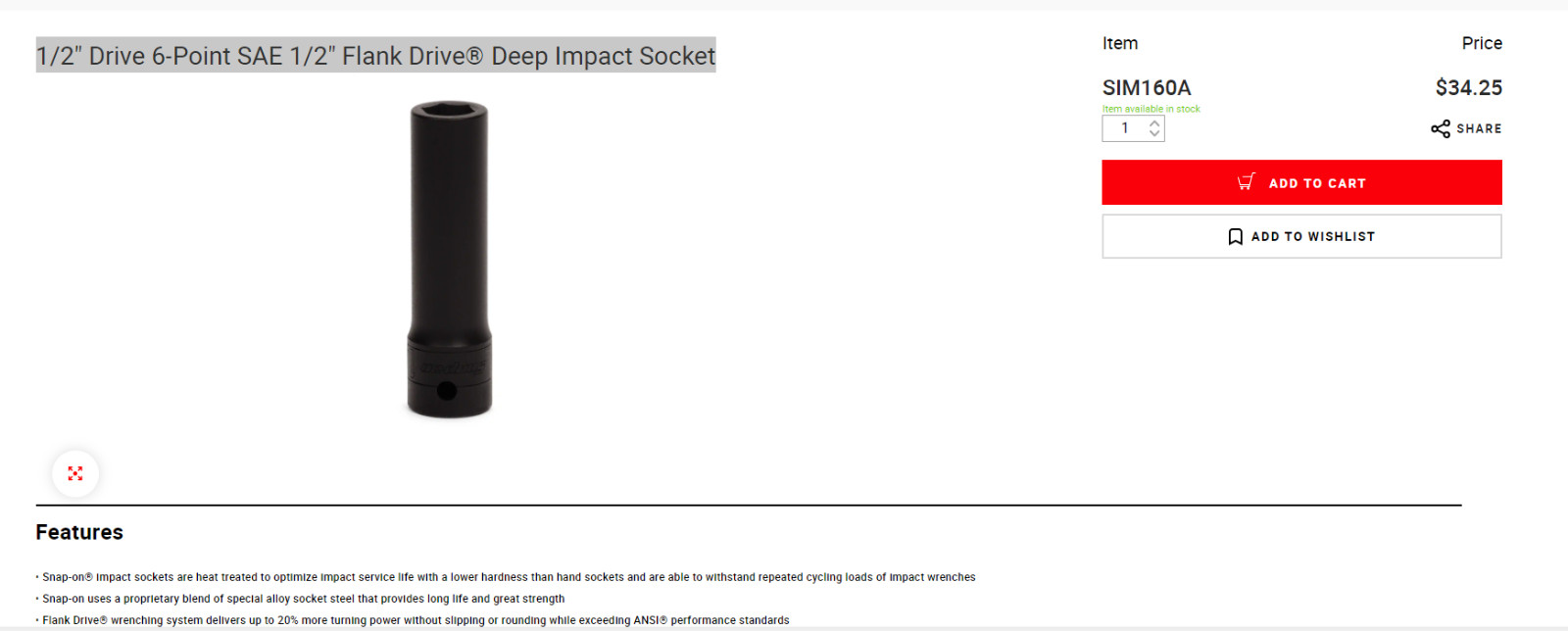 Snap-On (SIM160A) 1/2″ Drive 6-Point SAE 1/2″ Deep Impact Socket (LIKE-NEW)