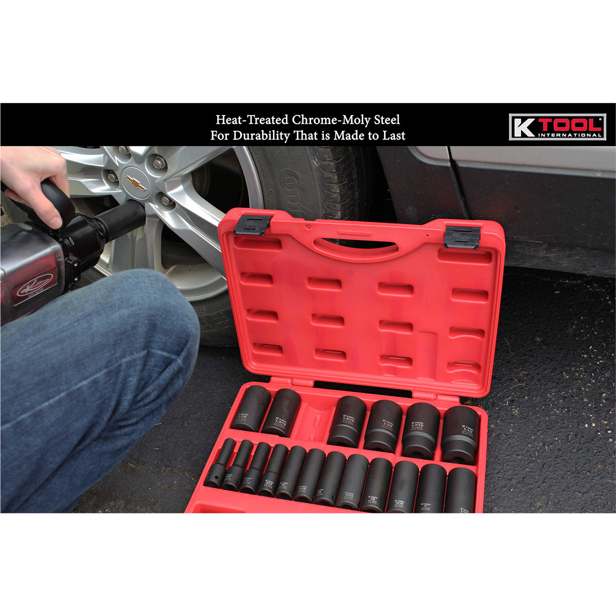K-Tool 33202 1/2″ Drive SAE Deep Impact Socket Set 19pc, Heat Treated Steel