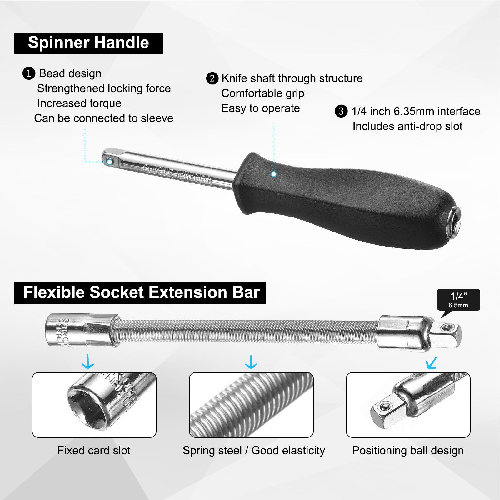 2pcs 1/4″ Drive Spinner Handle w/ 1/4″ Drive Spring Flexible Socket