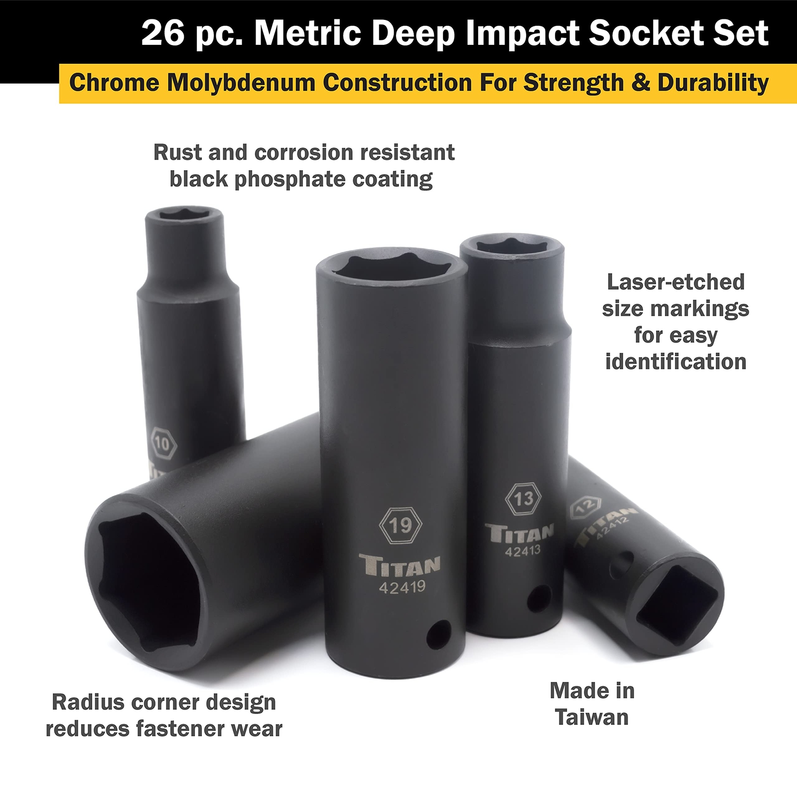 Titan Tools 26 pc. 1/2 in. Drive Metric Deep Impact Socket Set (42406)