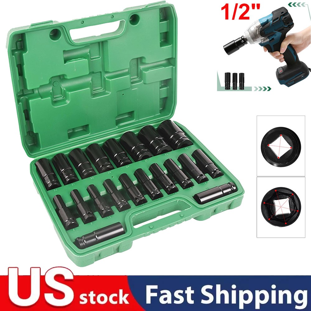 20PCS 1/2 Inch Impact Sockets Set Drive Metric 8mm-32mm Deep 6-Point Set w/ Case