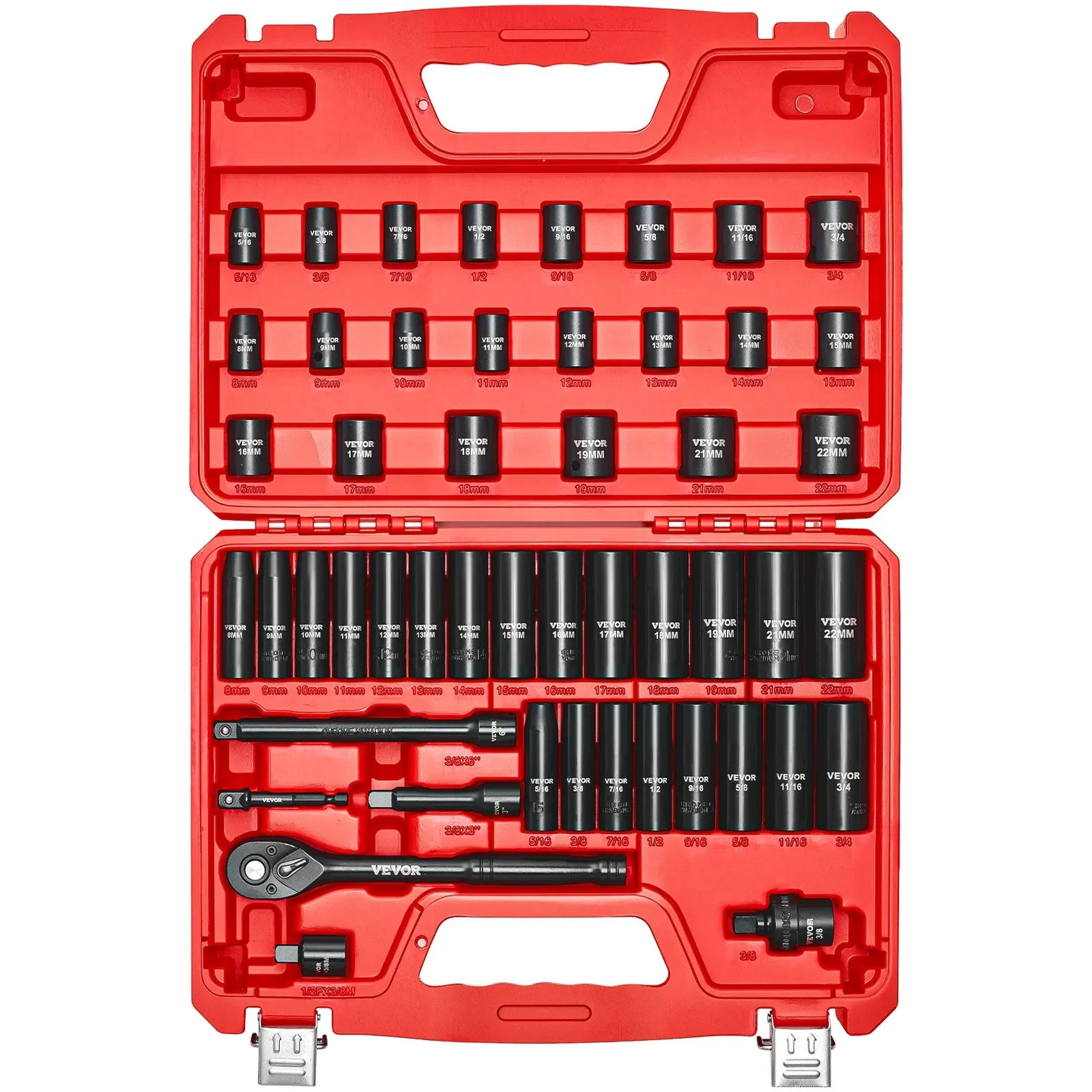 VEVOR 50-Piece 3/8″ Drive Impact Socket Set, SAE & Metric Deep and Shallow