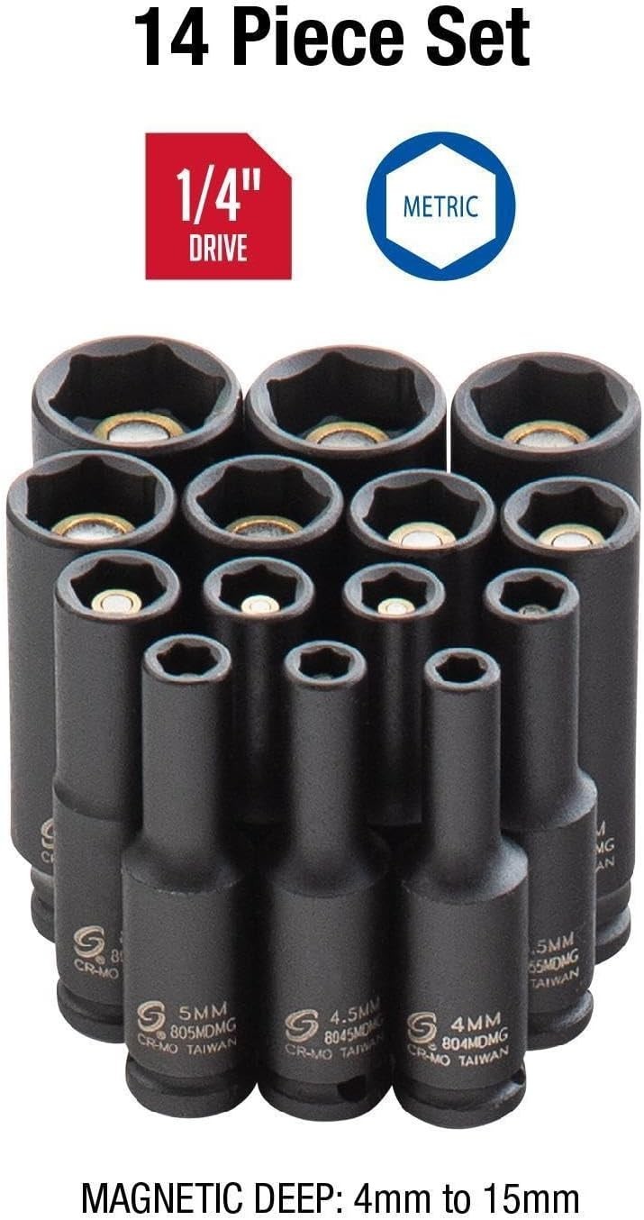 14-Piece Metric Deep Impact Socket Set 1/4″ Drive Cr-Mo Steel Magnetic