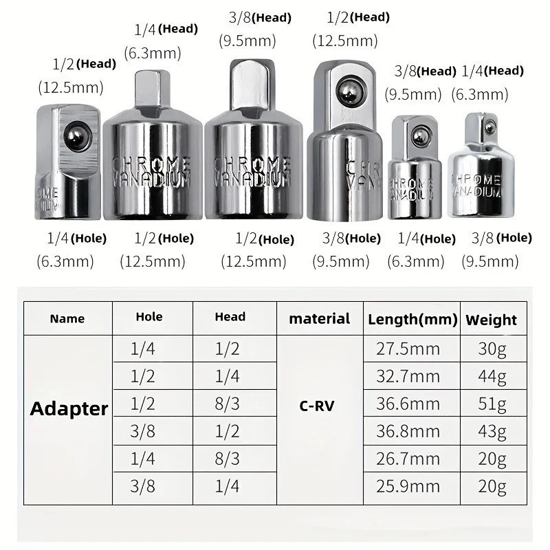 6Pcs Impact Adapter Reducer Socket Converter Set 3/4 1/4 3/8 1/2″ Female to Male