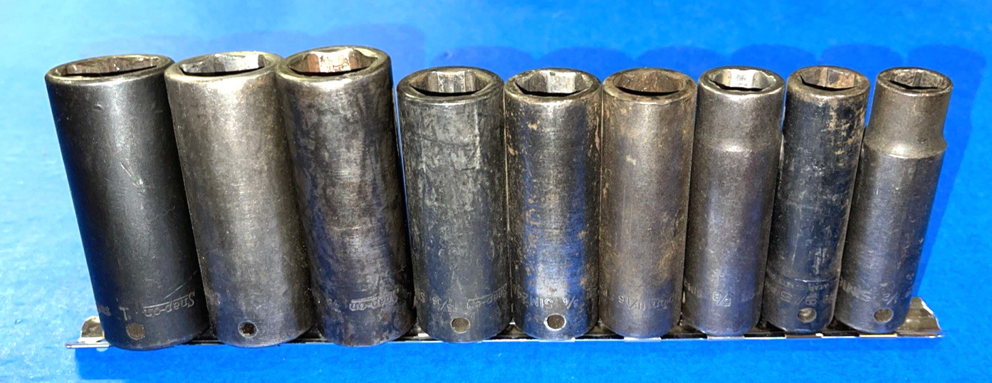 SNAP-ON TOOLS 9 PIECE 1/2 DRIVE SAE. DEEP IMPACT SOCKET SET 309SIMYA