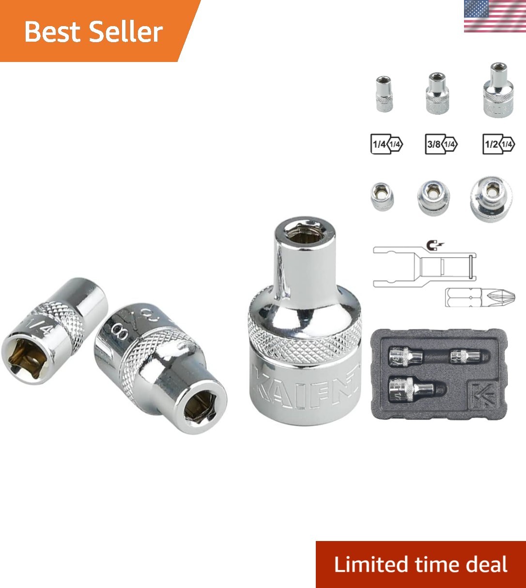 K301 Square Drive Magnetic Bit Holder Socket Adapters, 3-Piece