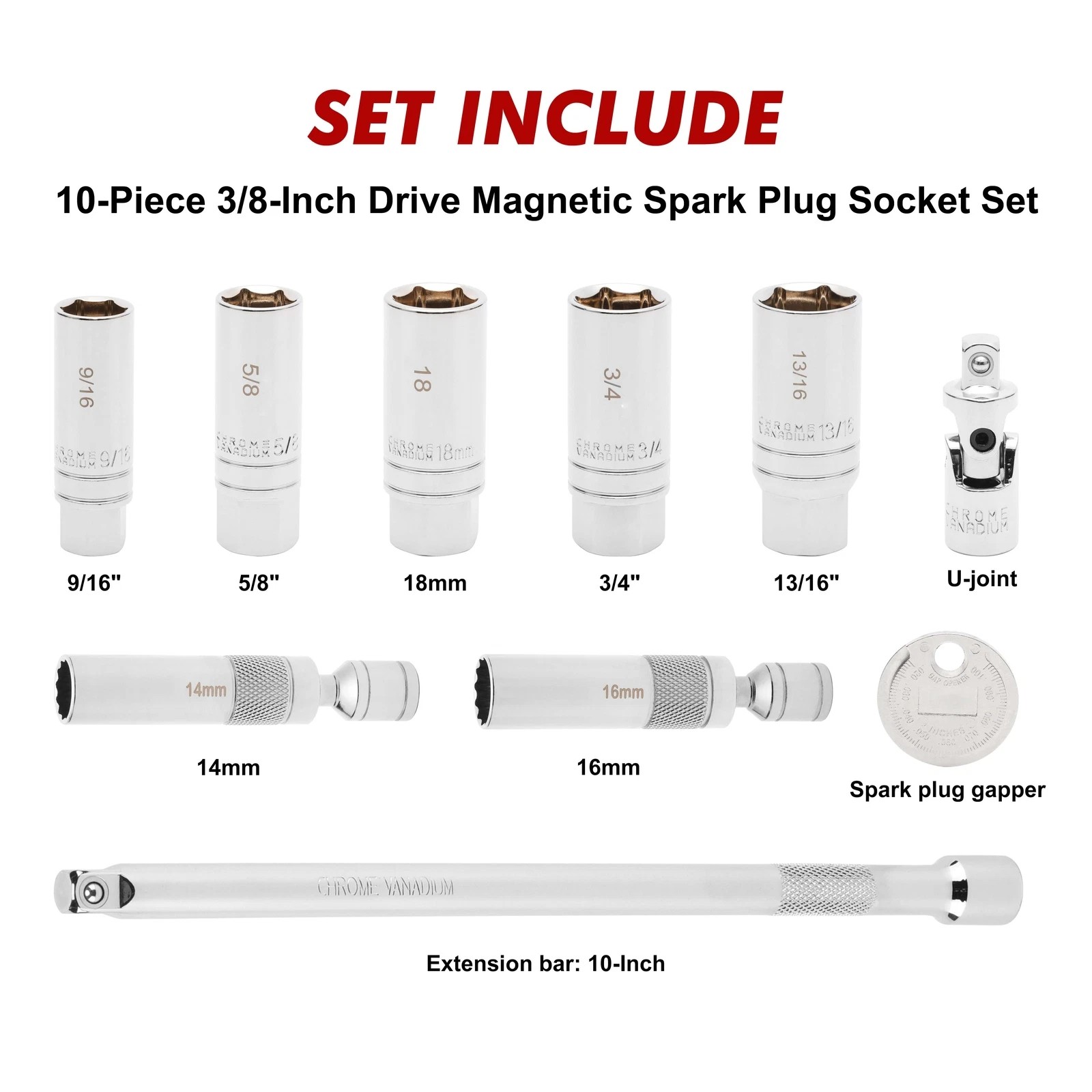 10PCS 3/8 Inch Drive Spark Plug Socket Set 6-Point Include Extension Bar CR-V US