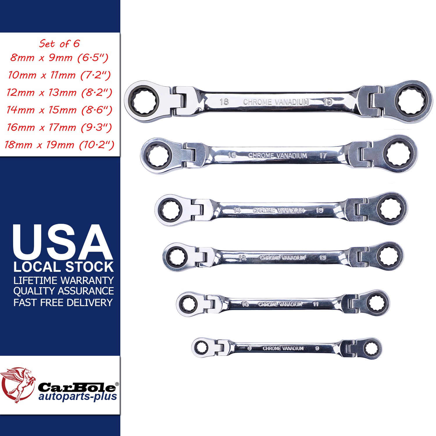 Set of 6 New Flex-Head Ratcheting Wrench Set 12-Size 8mm-19mm with Organizer Bag