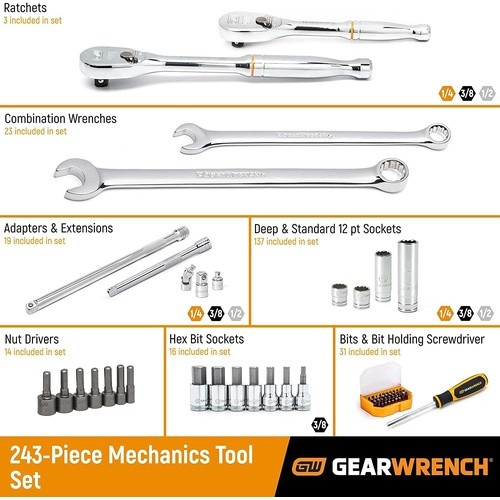 Gearwrench 80972 Mechanics Tool Set, 12 Point SAE/Metric, 243 Piece