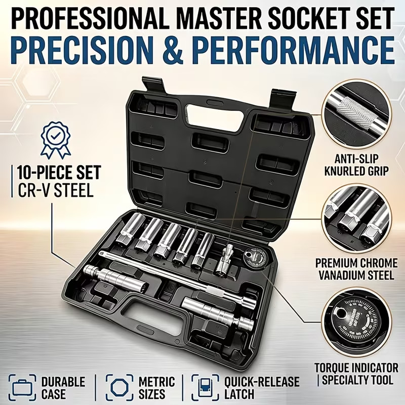 Set of 10 Magnetic Spark Plug Sockets with a 3/8″ Drive, Including a 6″ Extensio