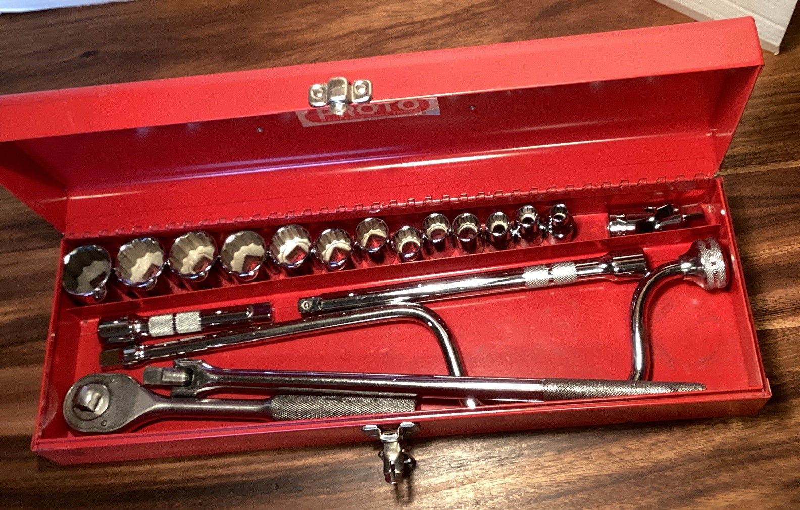 18-pc. PROTO TOOLS 1/2” DRIVE PROFESSIONAL SAE SOCKET SET, 12-POINT, METAL CASE