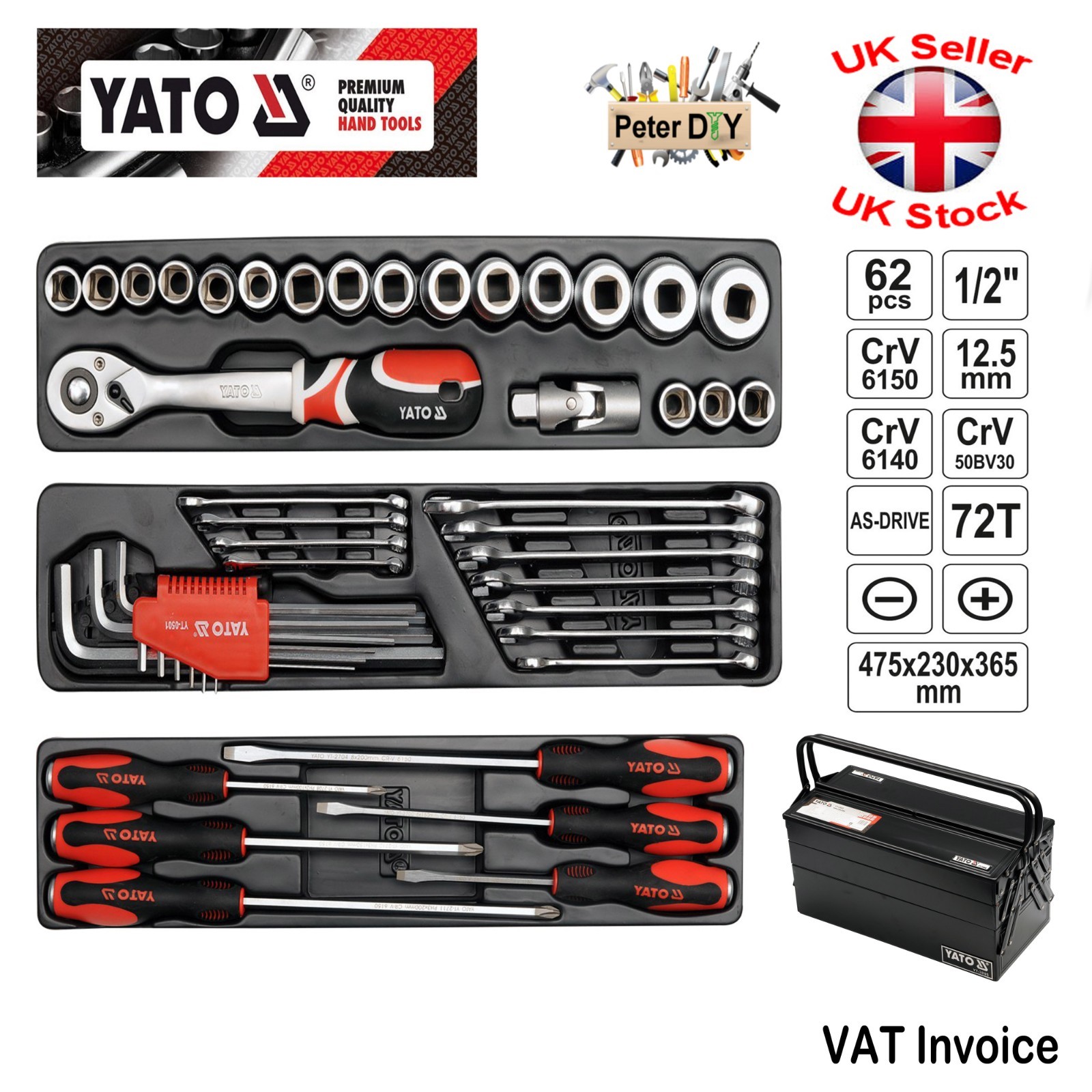 Yato Professional 62 pcs 1/2 Ratchet Socket Set Tools Box Case Toolbox YT-3895