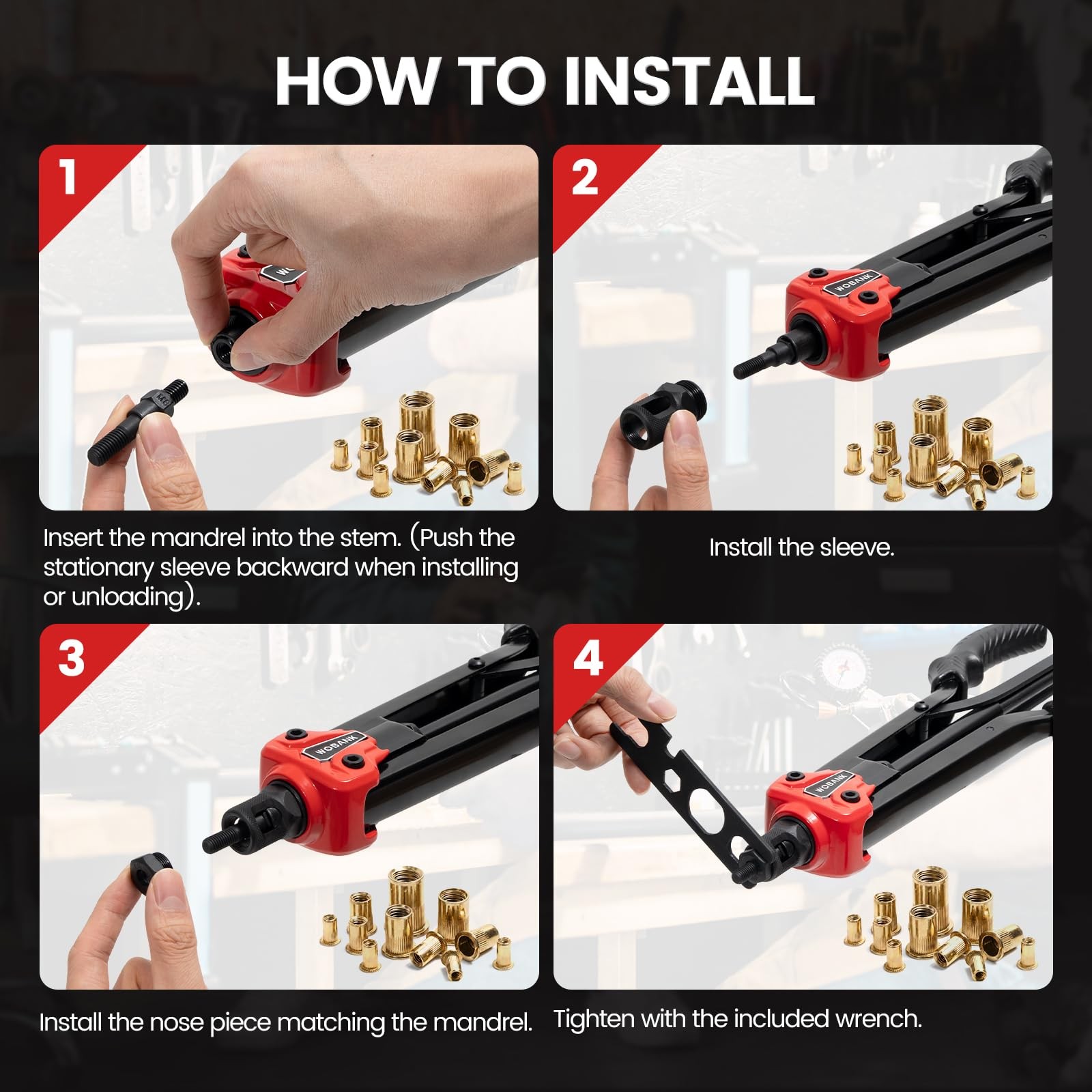 Rivet Nut Tool Kit 16 Heavy Duty 12 Mandrels 230 Nuts WRNTK-01 WOBANK Rivnut