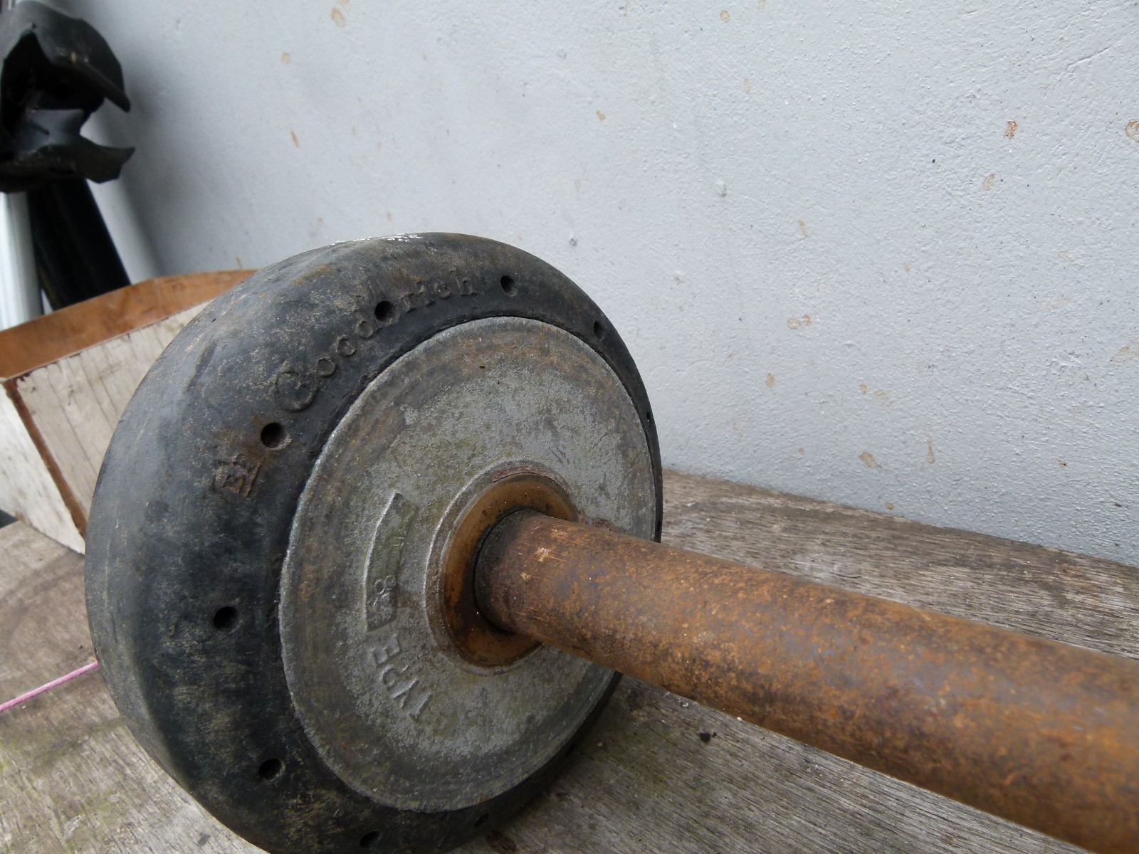 VINTAGE SOLID RUBBER WHEELS AXLES ARE 18 AND 15 INCH INSIDE WHEELS ARE 6 INCH