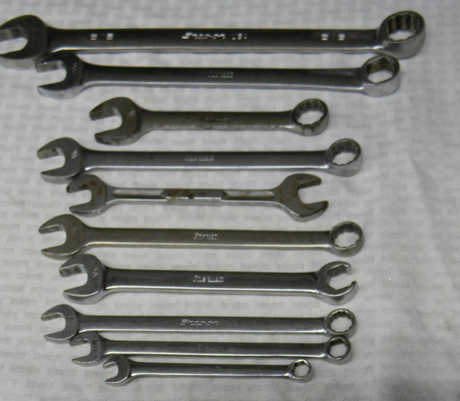 SNAP-ON 10PC LOT MIX MATCHED SAE 6/12PT OPEN-END/COMBINATION WRENCHES