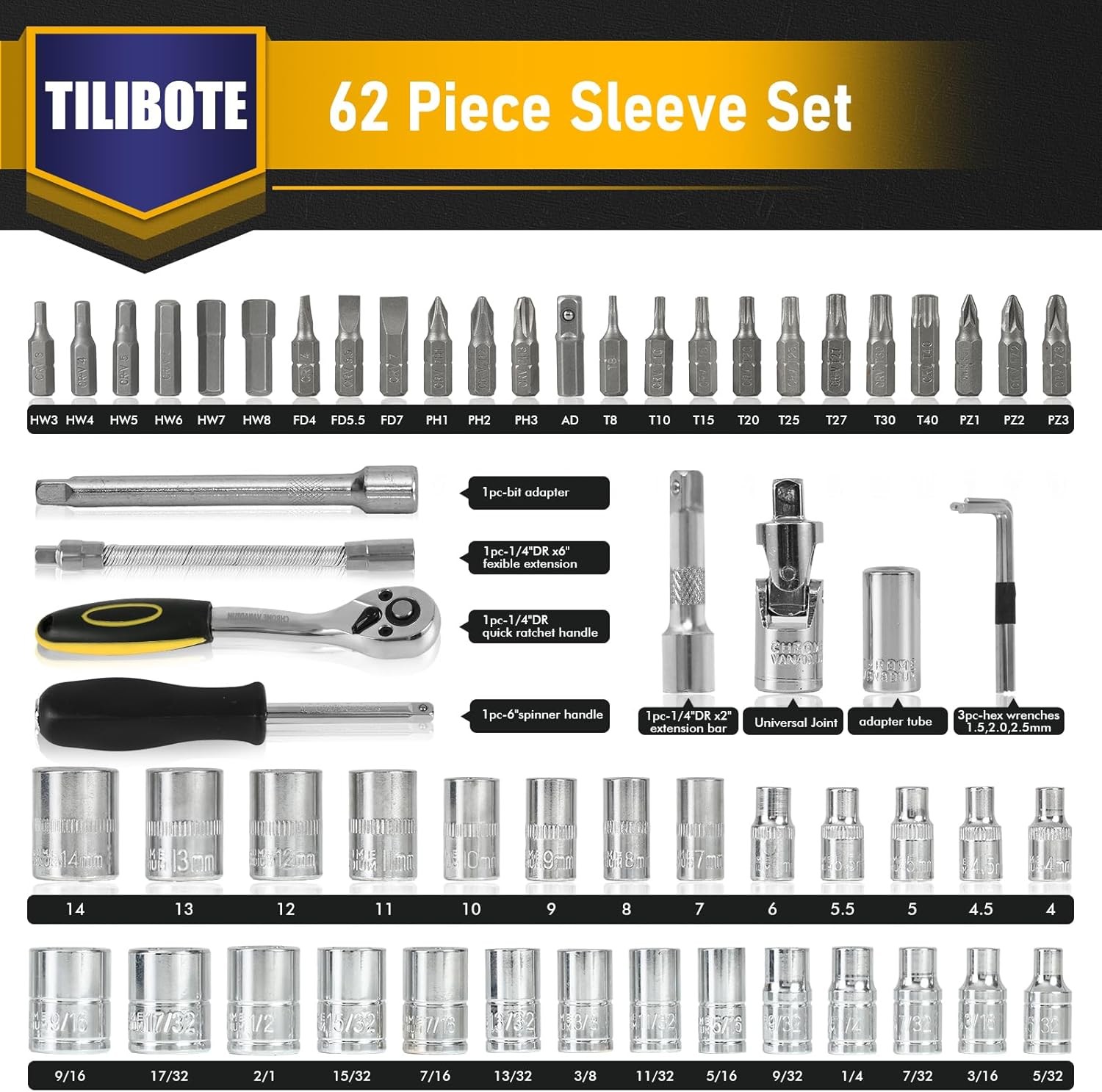 Socket Wrench Set, 62PCS 1/4″ Ratcheting Set With 72 Tooth count 1/4