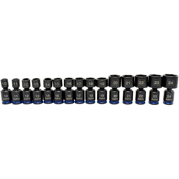 ASTRO 3/8″ Drive 10-24mm Pinless Universal Impact Sockets – No Skips – 15 Pieces