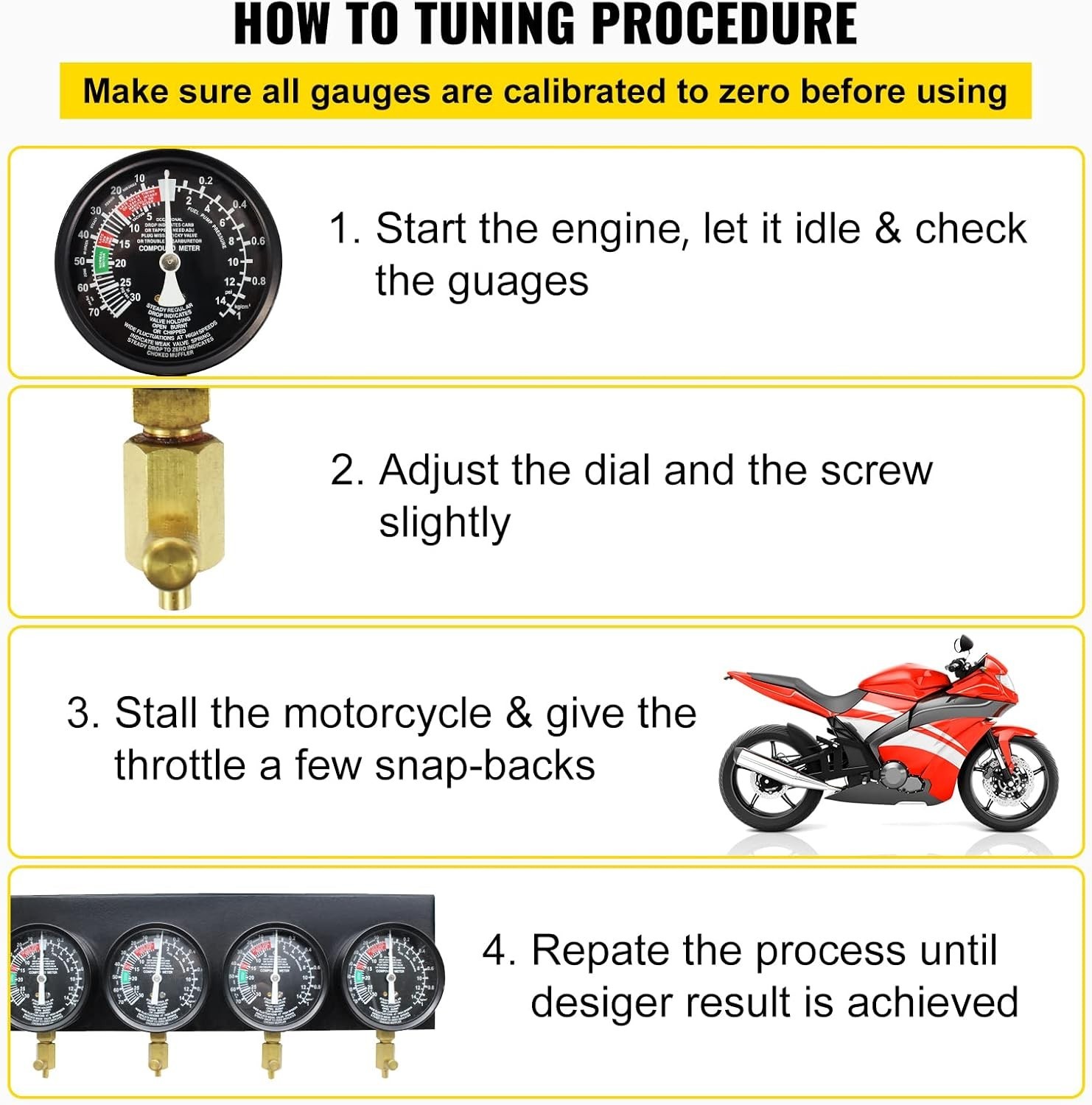 Pro Carb Sync Tool Kit 4 Gauges Vacuum Carburetor Adjuster Corrosion-Resistant