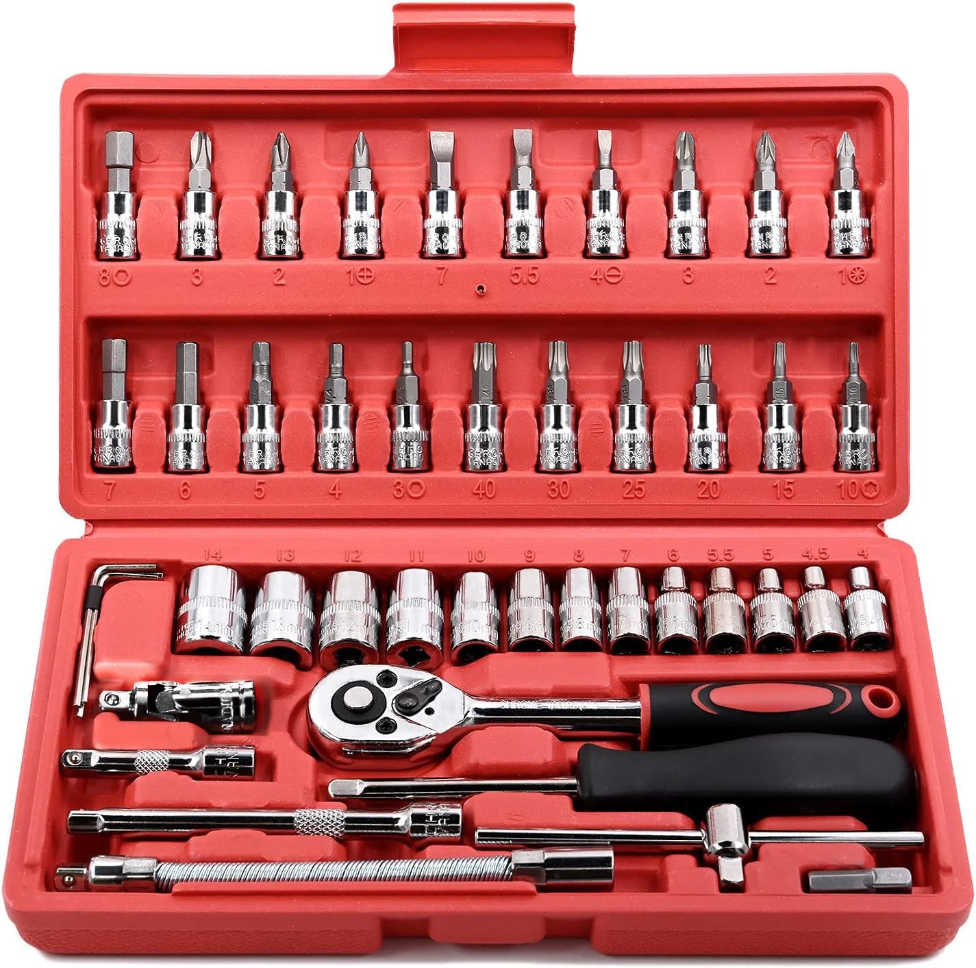 Egofine 46 Pieces 1/4 inch Drive Socket Ratchet Wrench Set, with Bit Red