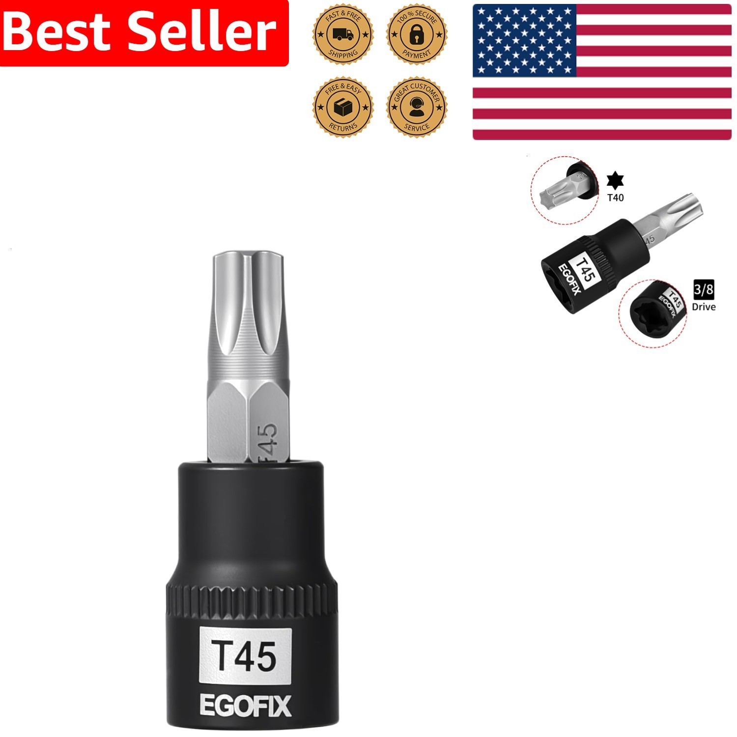 3/8 Drive T45 Torx Bit Socket Professional Heat Treated S2 Steel