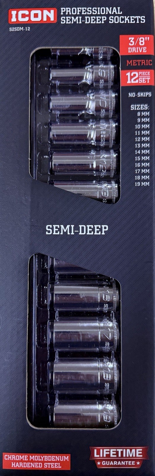 NEW ICON Metric Semi-Deep 3/8” Drive 6 Point Sockets – Chrome – Pick a Size (mm)