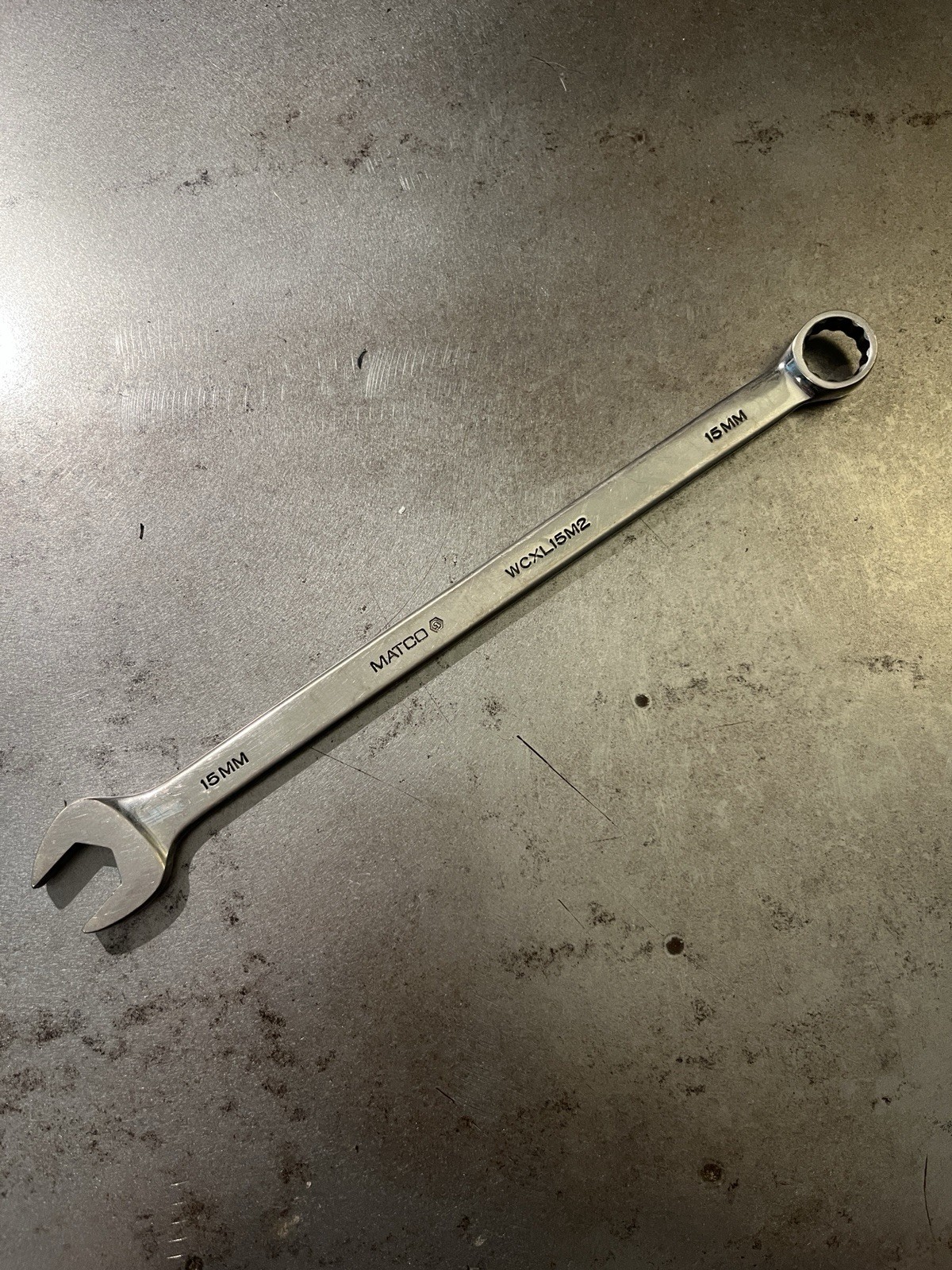 Matco WCXL15M2, a 15 mm extra-long combination wrench made in the USA.