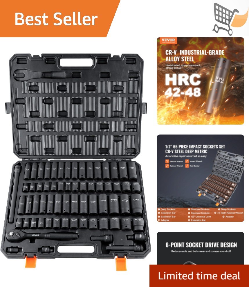 Impact Socket Set 65pcs Cr-V Alloy Steel for Auto Repair and Durable Use