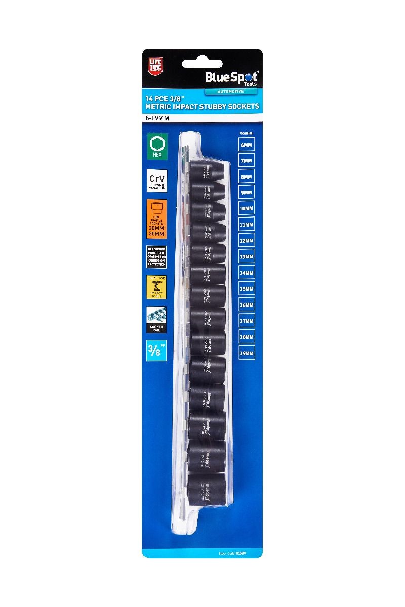 Blue Spot Tools 14Pce Stubby Short IMPACT 6-19mm Socket Set 3/8 Drive