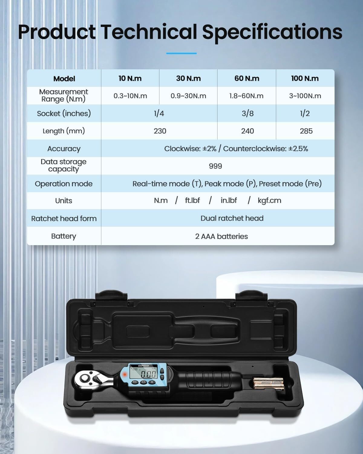Digital Torque Wrench 60Nm&44.25 ft/lb High-Precision 3/8-Inch Drive Auto Repair