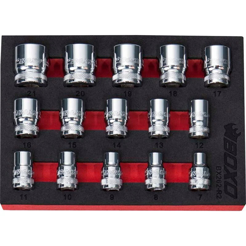 Boxo Tools 3/8″ Dr 12pt 15pc Socket Set 7-21mm BX262-R2 in red and black foam
