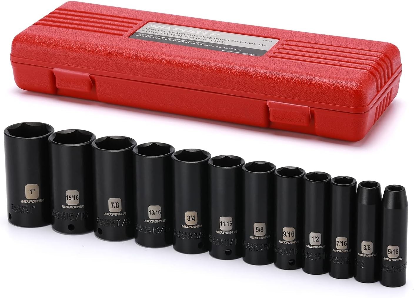 12 Pieces 3/8-Inch Drive Deep Impact Socket Set, 5/16 to 1 inch, CR-V, SAE, 6…