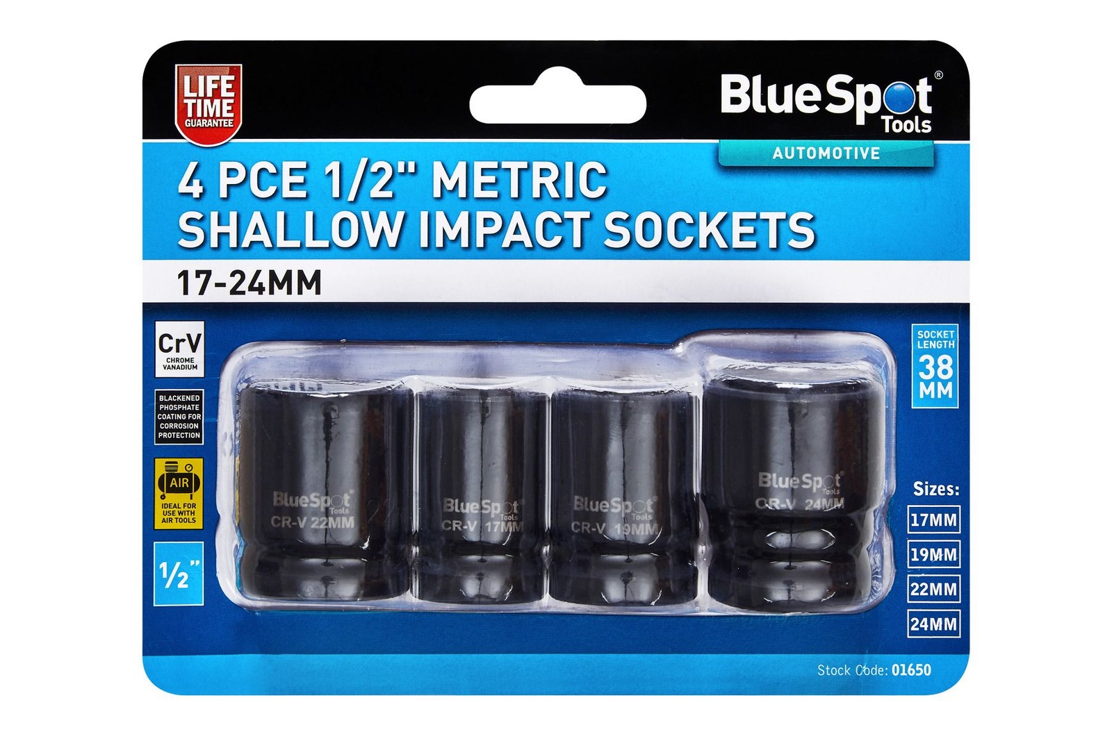 Blue Spot Tools 01650 4 PCE 1/2″ Metric Shallow Impact Sockets (17-24MM)