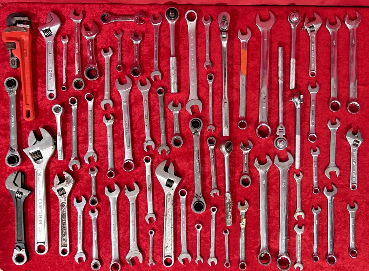 Mixed Lot of 60+ Wrenches Socket Box Adjustable Pipe Ratchet Various Brands`