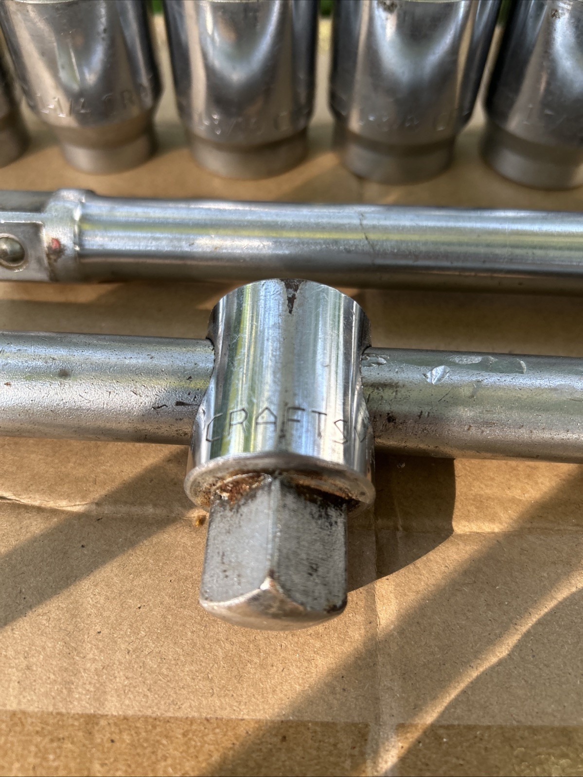 (9) CRAFTSMAN V SERIES 3/4” DRIVE SOCKETS- 18″ SLIDING BREAKER and 8″ EXTENSION.