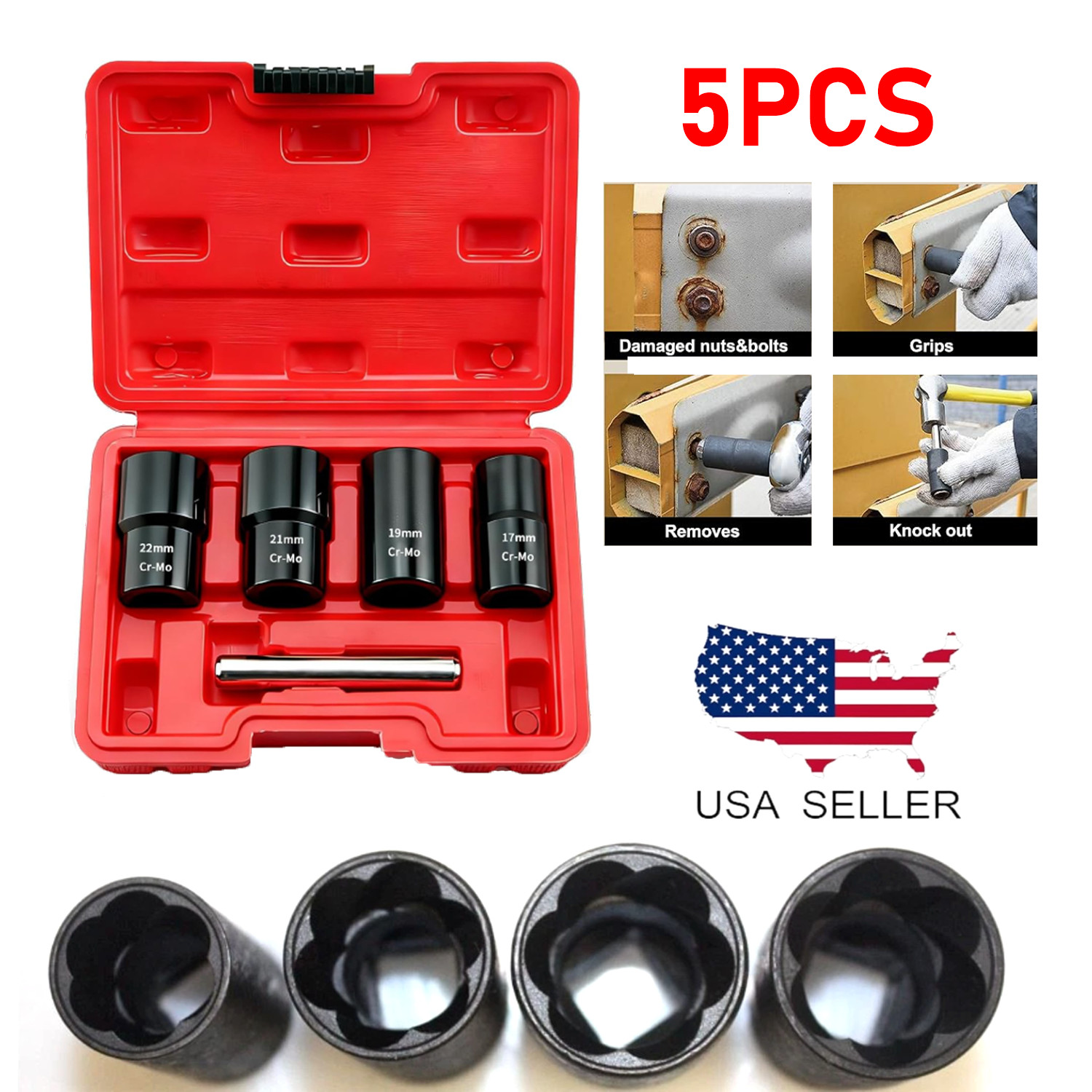 5pcs 1/2″ Drive Twist Socket Set Damaged Worn Lug Nut & Lock Remover 17 – 22mm