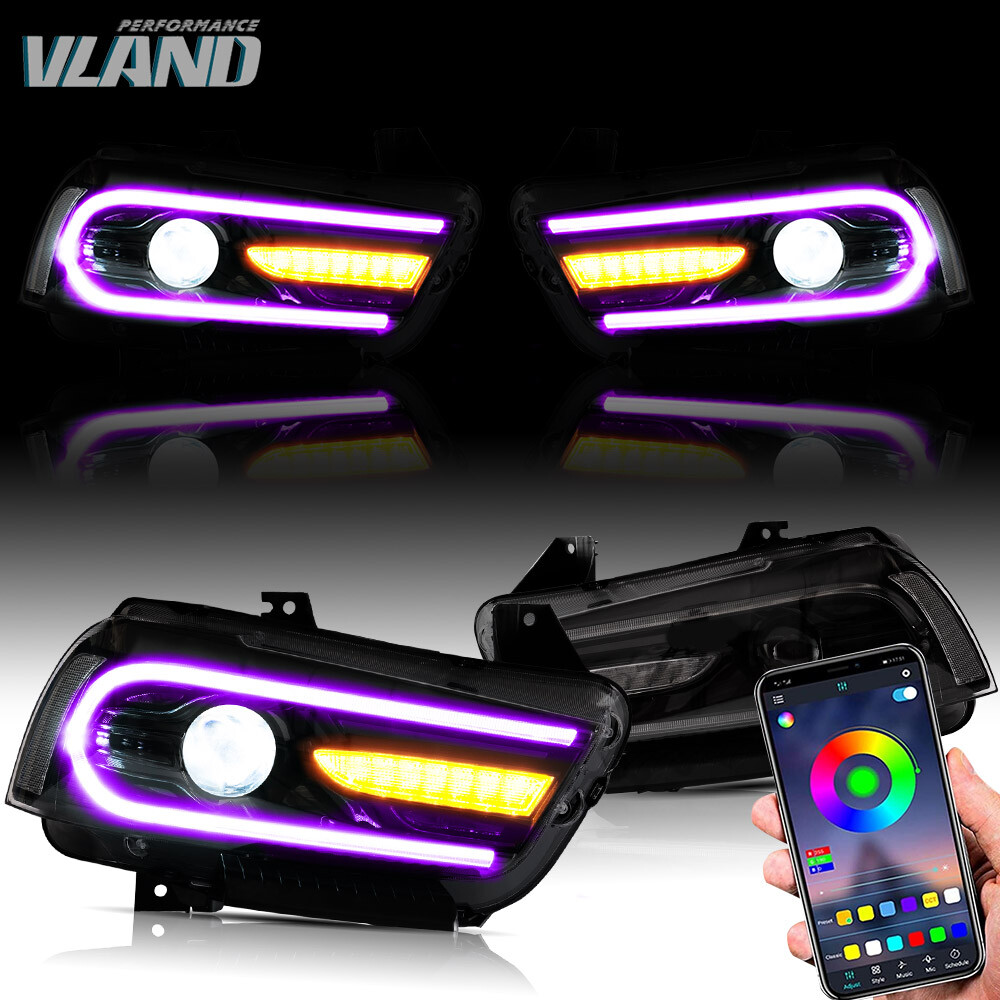 VLAND Headlights w/RGB DRL Sequential Turn+LED Bulbs For Dodge Charger 2011-2014