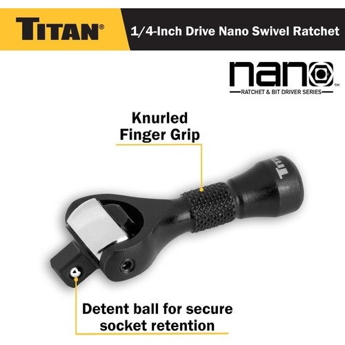 TITAN 11330 Nano Swivel Ratchet, 1/4″ Drive, 90 Tooth, 250 Degree Swivel Head