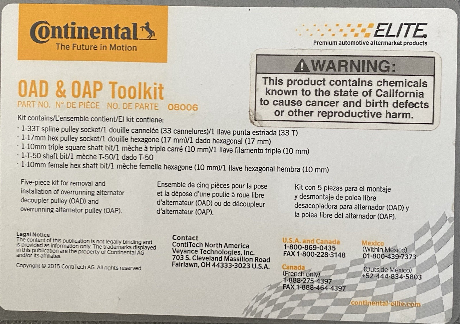 Continental 08006 Alternator Decoupler Pulley Tool Kit (OAD & OAP) Brand NEW !