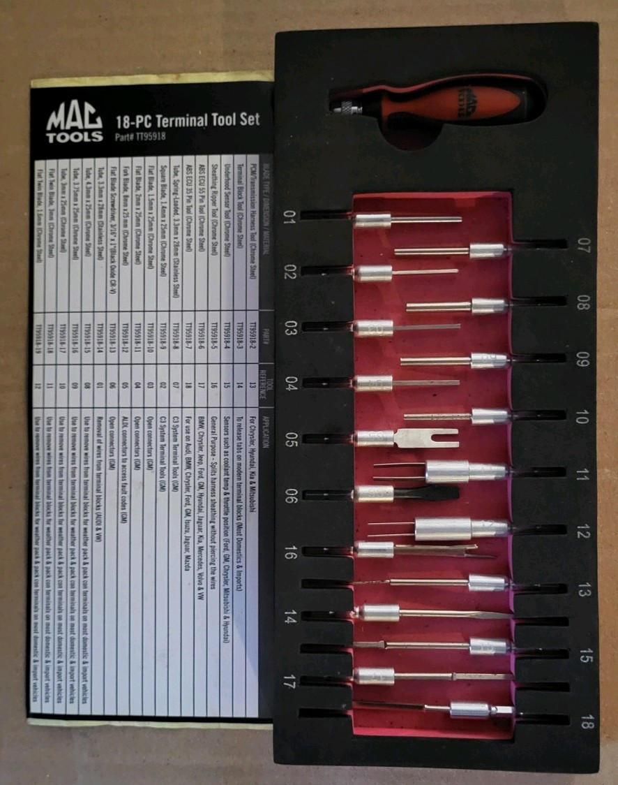 Mac Tools 18psc Terminal Reamoval Tool Set W/Handle Like New Rare!