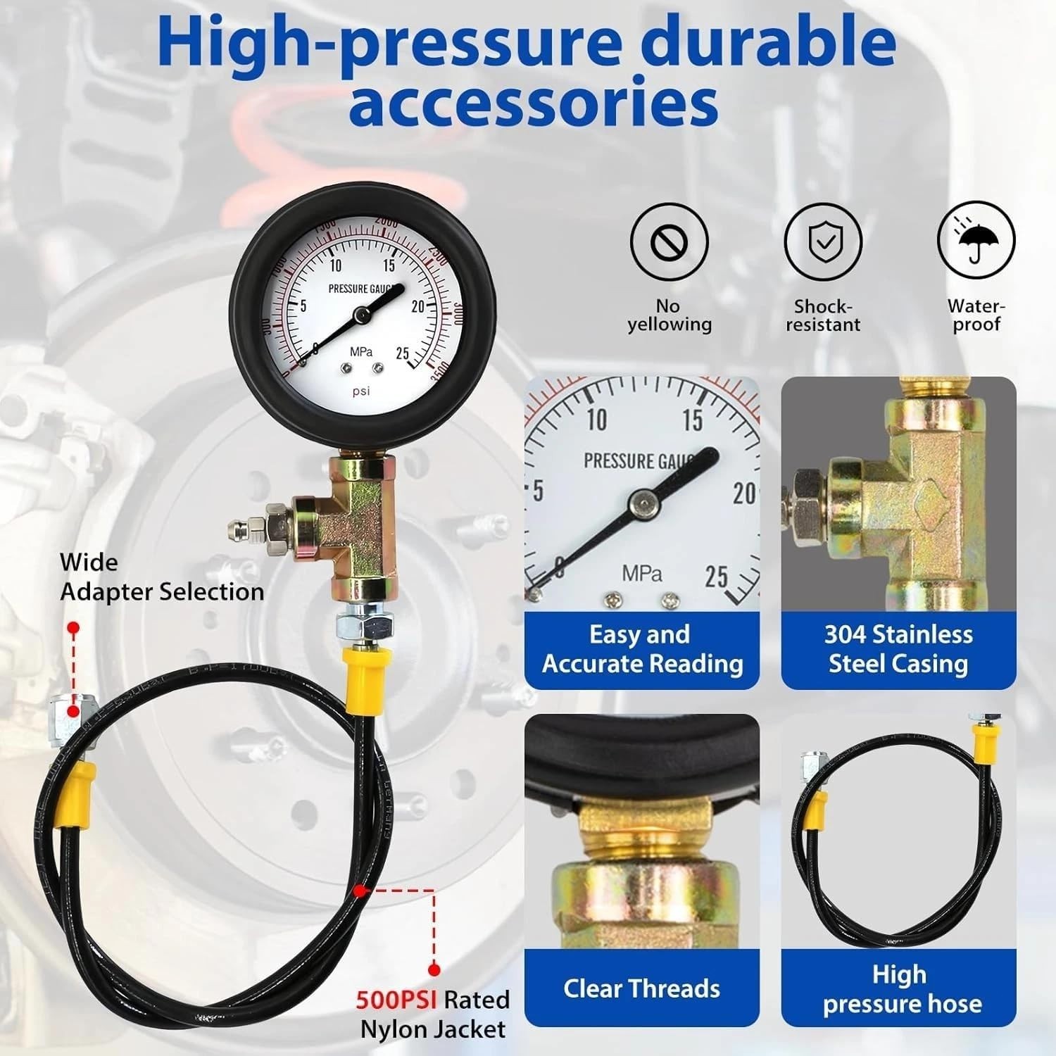 Brake Pressure Tester, Universal Brake Pressure Gauge 0-3500PSI for Gasoline Car